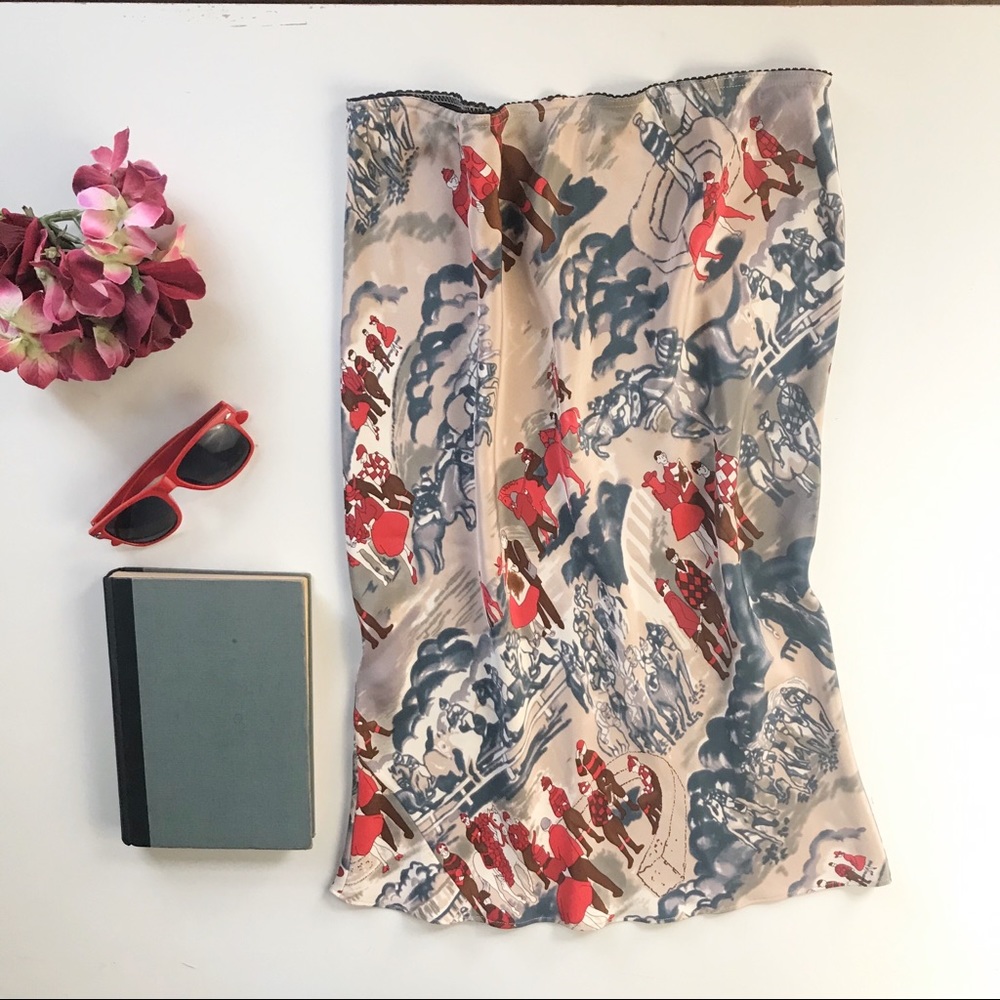Vintage silk Tibi print Silk horse Print Midi Skirt Red maps sex and the city